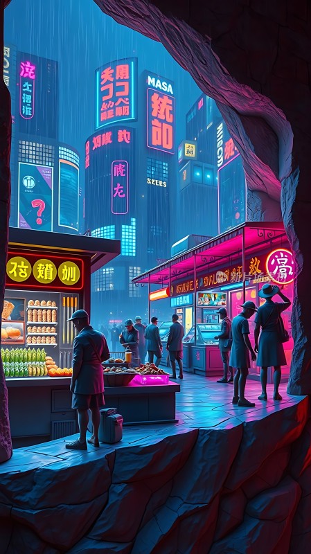 霓虹灯下的繁华夜市