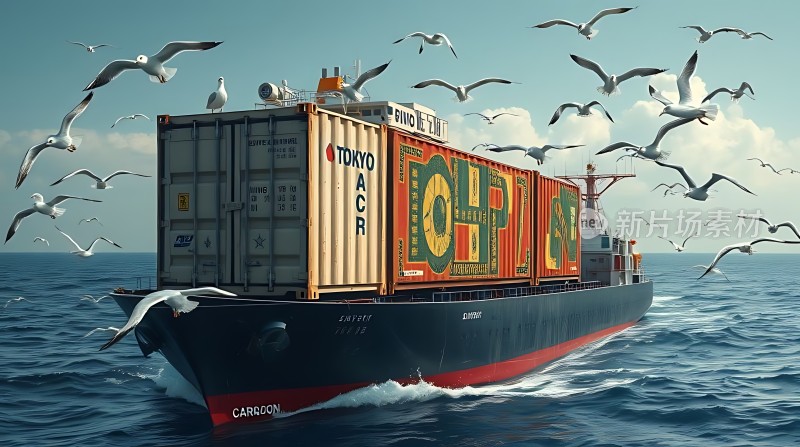 集装箱船与海鸥共舞