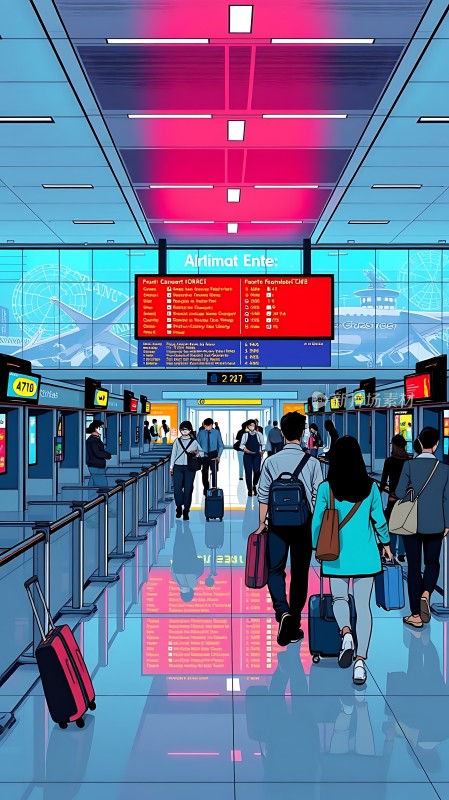 机场入口处旅客们拖着行李箱排队等待登机