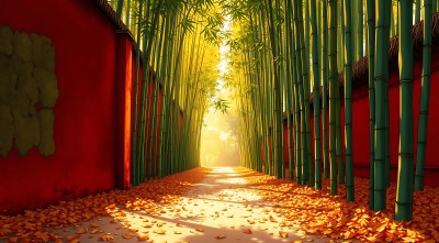 秋日竹径红墙映