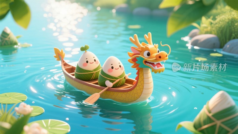 卡通Q版 传统节日端午节 粽子龙舟比赛