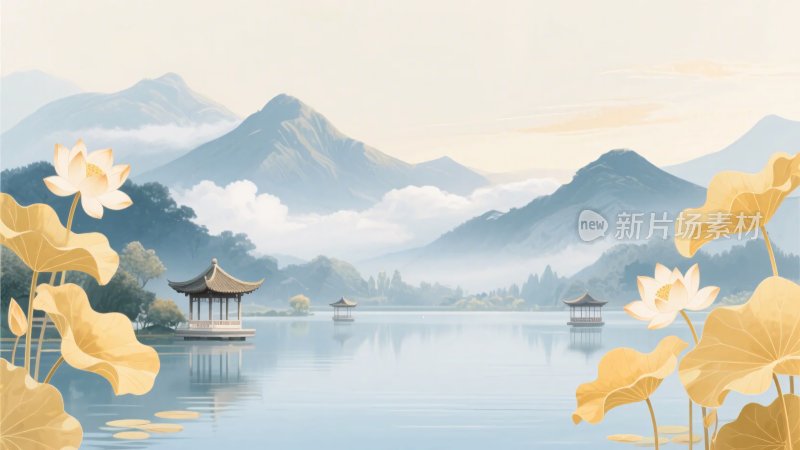 古风山水荷塘美景插画