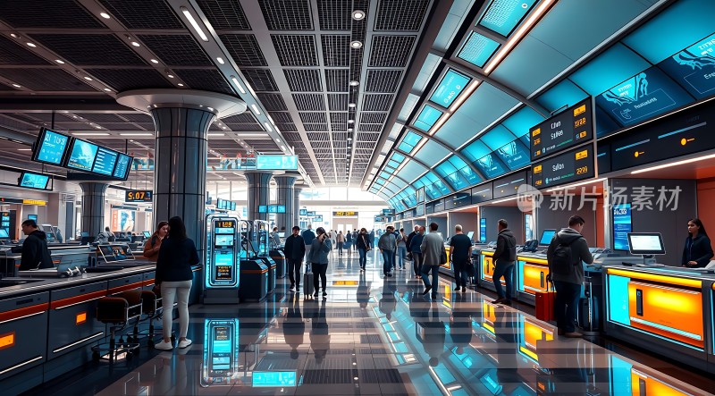 未来科技感机场大堂旅客办理登机手续