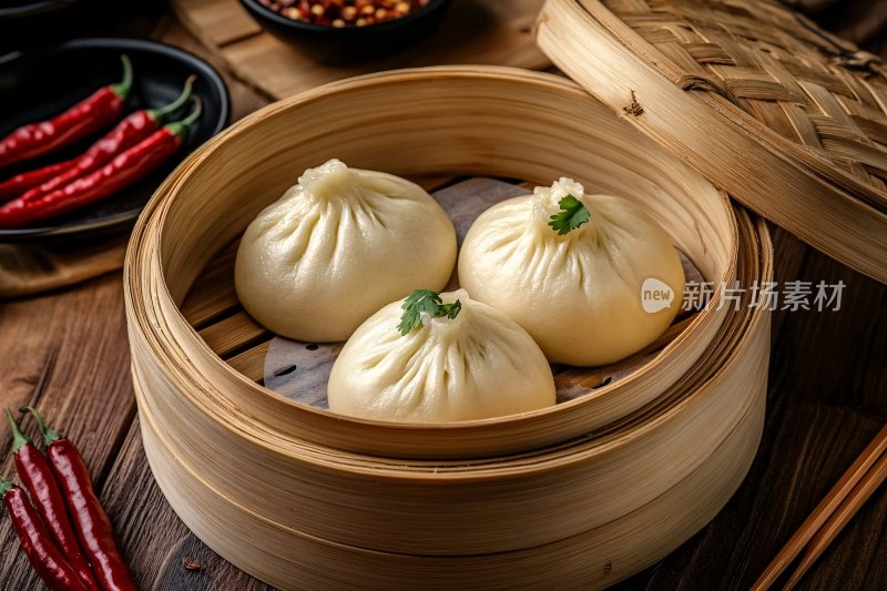 竹制蒸笼里的美味包子