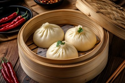 竹制蒸笼里的美味包子 竹制蒸笼里的美味包子
