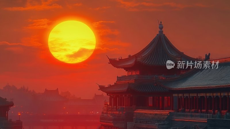 日出日落早晨夕阳塔楼古建筑宫殿晚霞