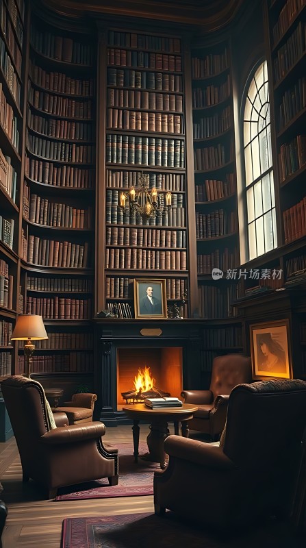 古色古香书房书架、壁炉和沙发椅