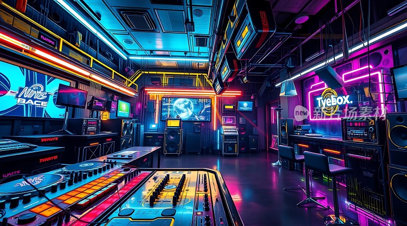 霓虹灯光下的音乐工作室