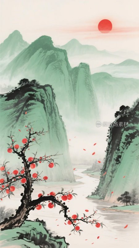 中式山水红梅日出图景