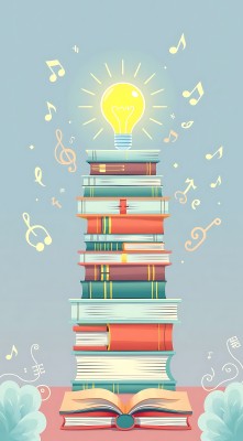 书籍堆叠与灯泡知识的积累与灵感迸发
