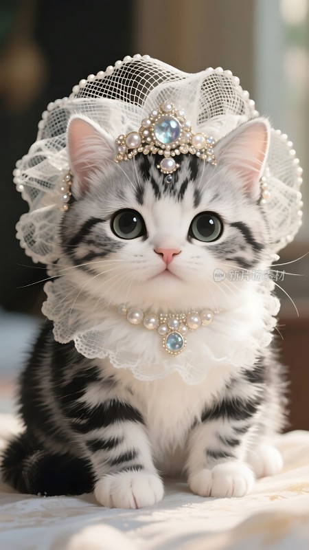 珍珠白猫戴头纱项链