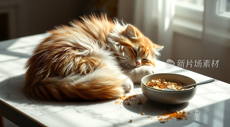 阳光下的橘猫与早餐谷物