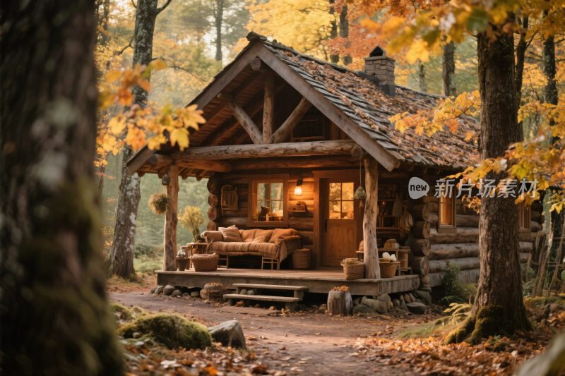 秋日森林中的温馨小木屋