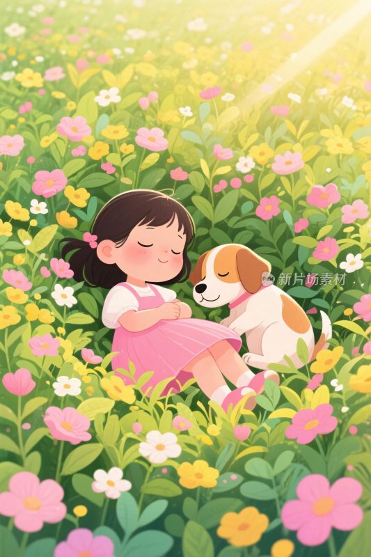 女孩与宠物花丛中