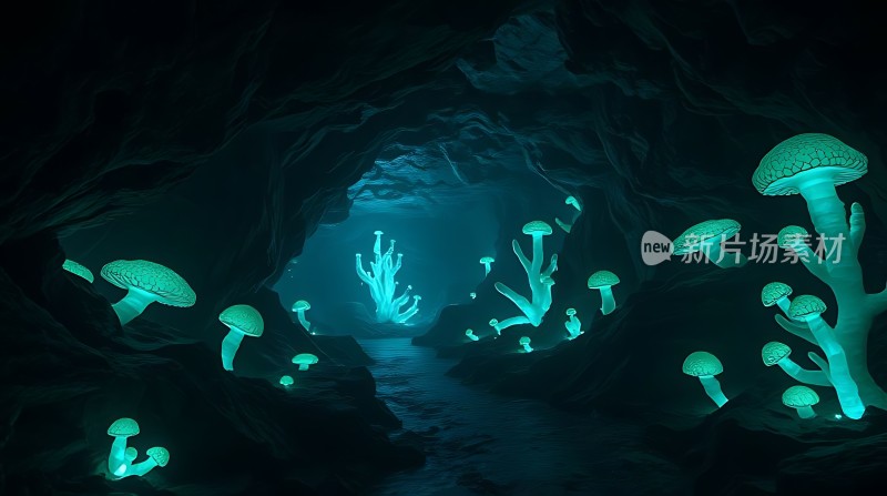神秘洞穴中的荧光蘑菇世界