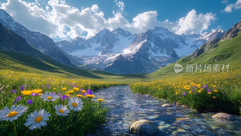 雪山下的宁静湖泊 雪山 河流 湖泊 草地