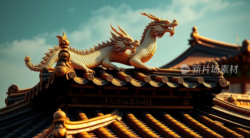 金碧辉煌的屋顶上威武的龙雕塑栩栩如生