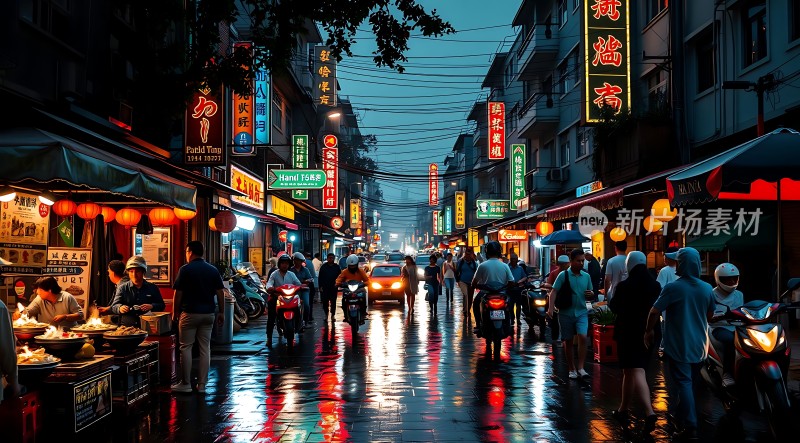 夜市繁华霓虹闪烁美食琳琅满目人群熙攘热闹非凡