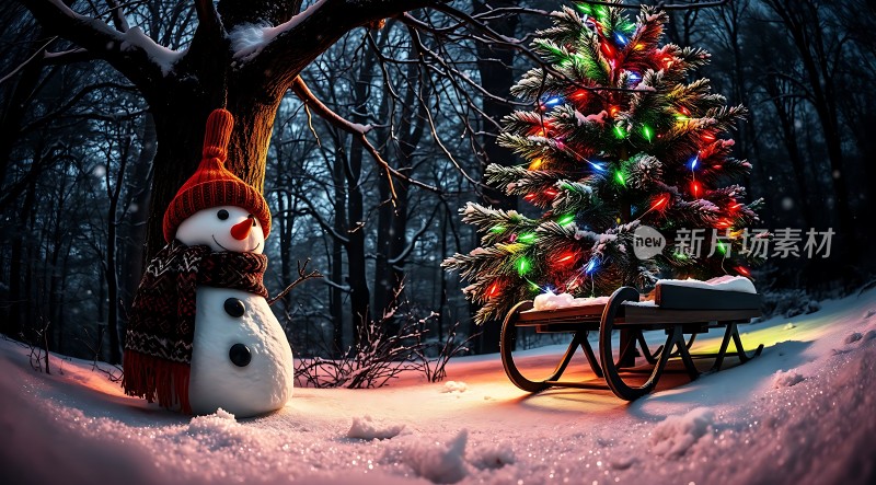 雪人圣诞树雪橇冬日美景