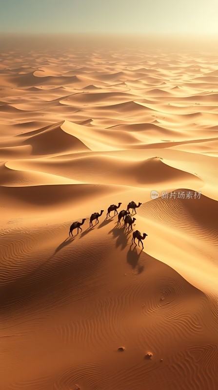 驼队穿越金色沙海