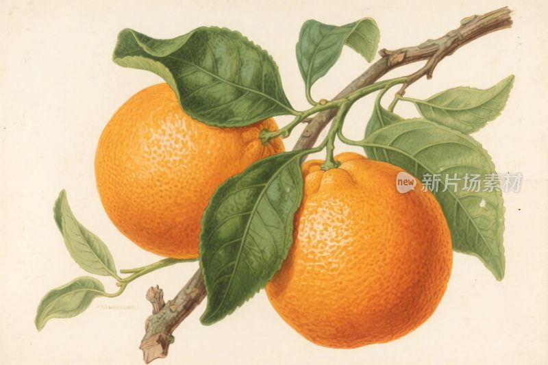 橙子枝叶插画