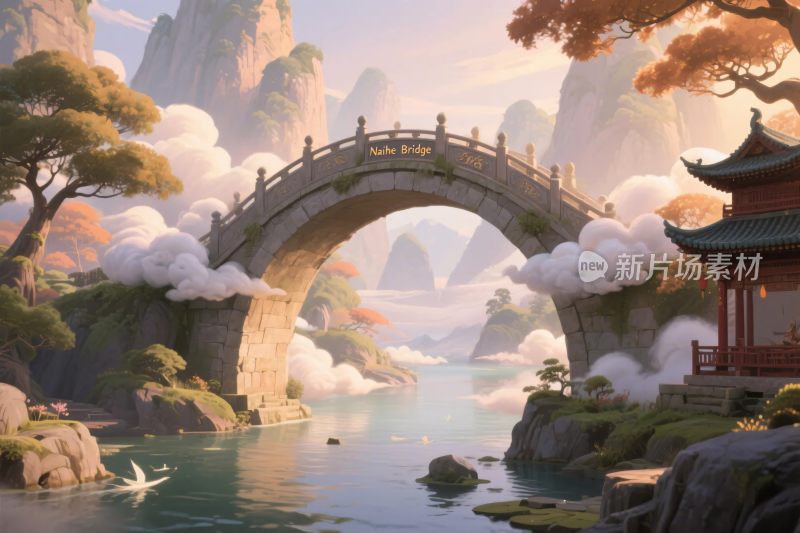 古典山水古桥插画