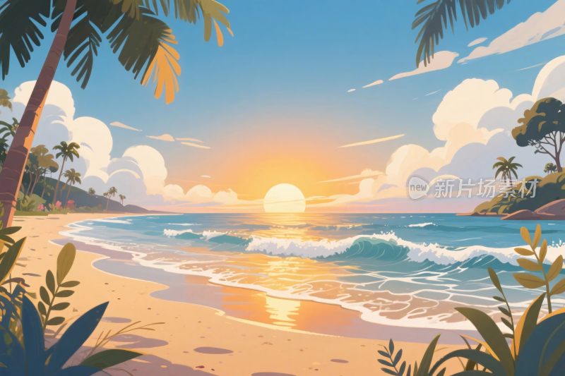 海滩夕阳风景插画