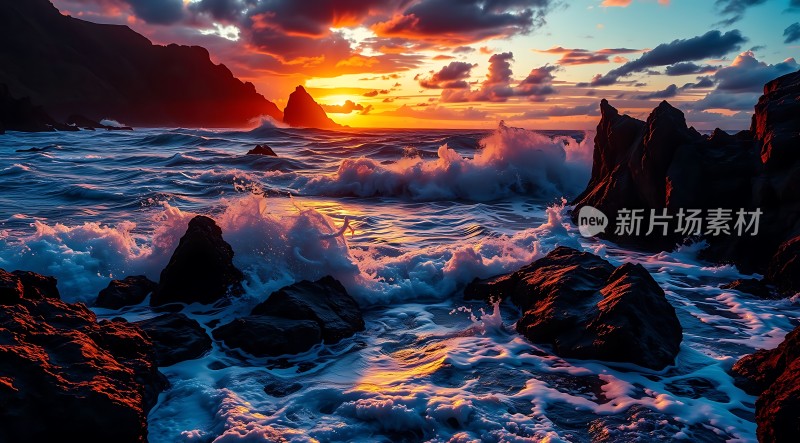 日落时分的海浪与岩石