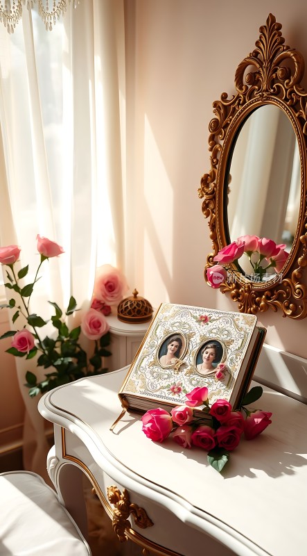 复古梳妆台上的玫瑰与相册