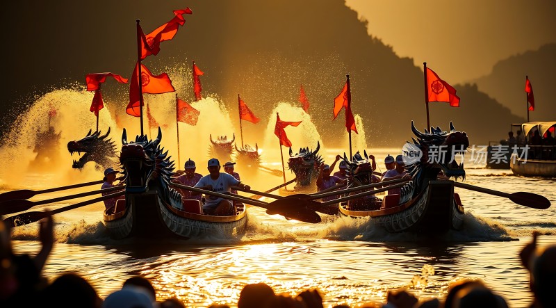 龙舟竞渡红旗飘扬水花四溅群山环绕