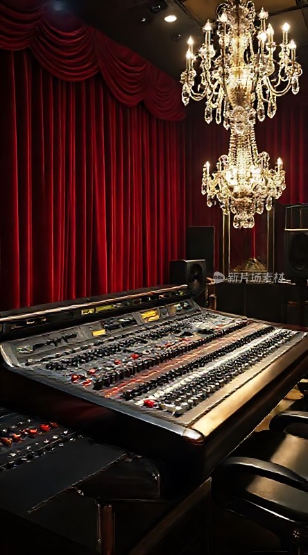 豪华录音棚红幕布配水晶吊灯专业调音台