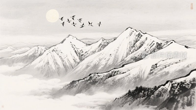 水墨山水飞鸟图