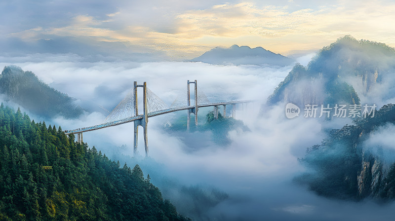 中国贵州高速桥梁云海大桥吊桥云雾自然风景