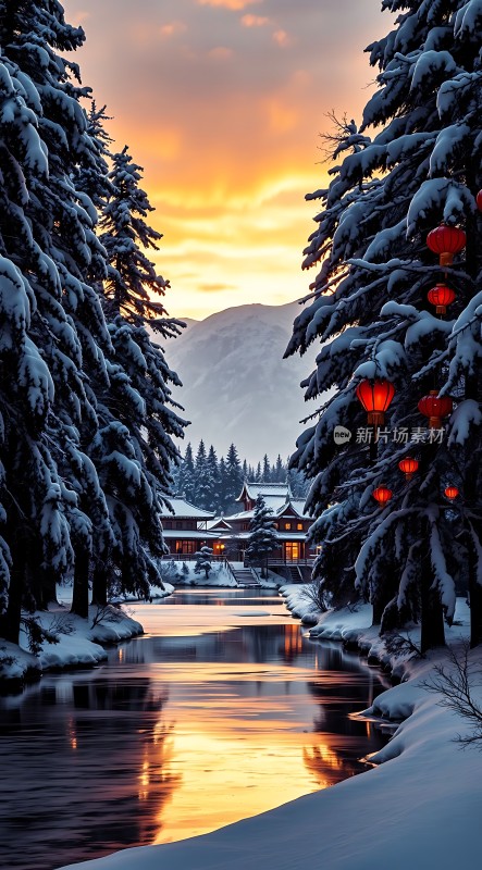 雪林映红日落