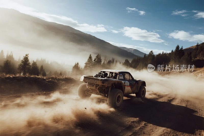 越野卡车在山间尘土中飞驰