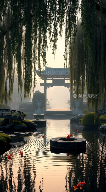 古亭垂柳映水塘金鲤悠游觅食忙