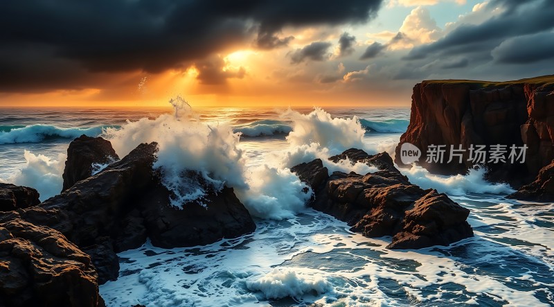 日落时分的海浪与岩石