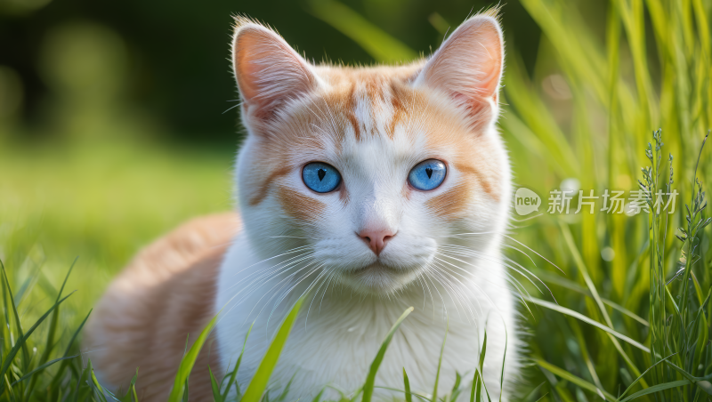 一只蓝眼睛的猫在草地上高清图片