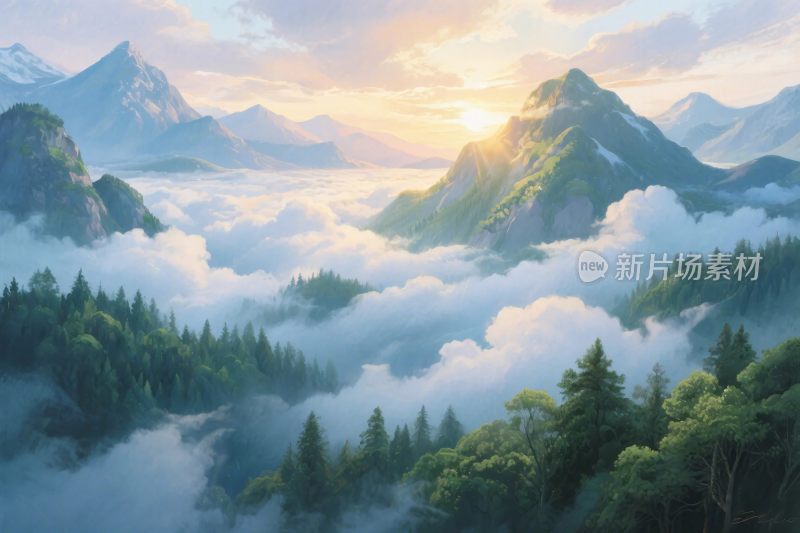 山水云雾风景插画