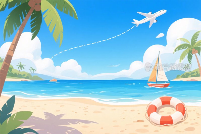 夏日海边度假风景插画