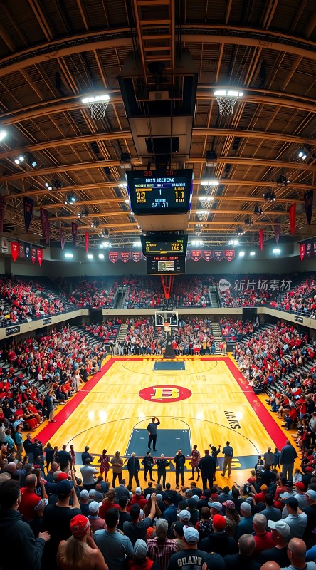 篮球比赛现场观众席座无虚席球员在球场上热身准备开赛
