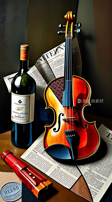 红酒小提琴报纸组合