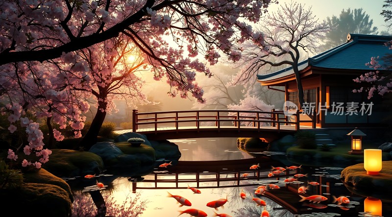 春日樱花映水阁金鲤戏波桥影斜