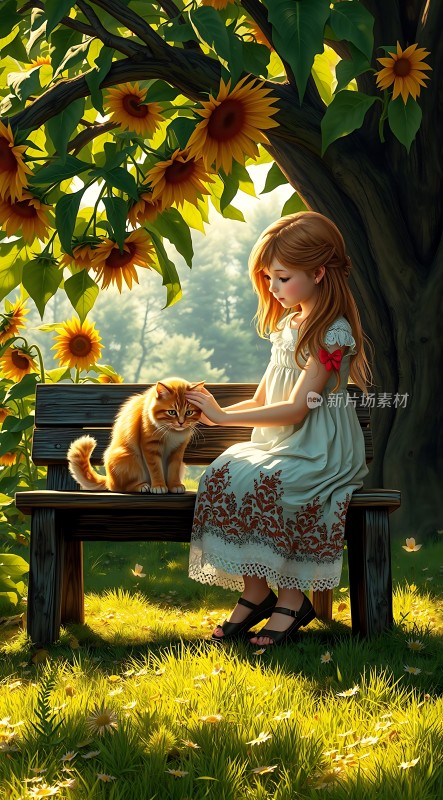 阳光下的女孩与猫