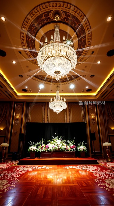 豪华宴会厅璀璨吊灯与华丽花卉装饰