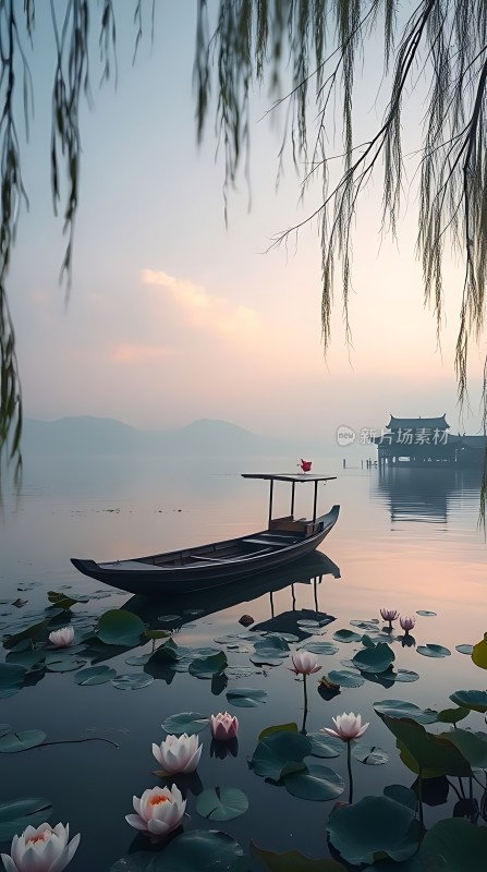 湖畔小船映荷花
