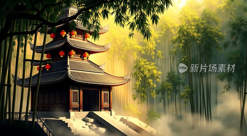 竹影斑驳古塔立红灯笼映晨光微