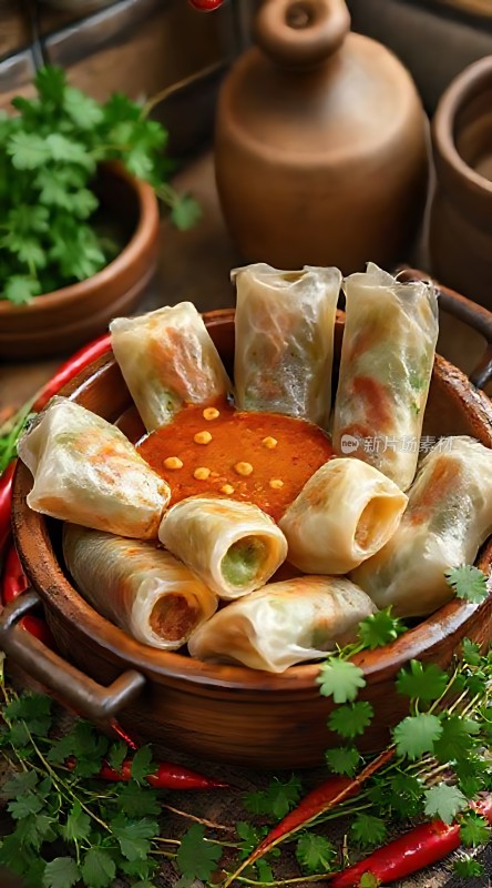 美味春卷配香菜辣椒酱