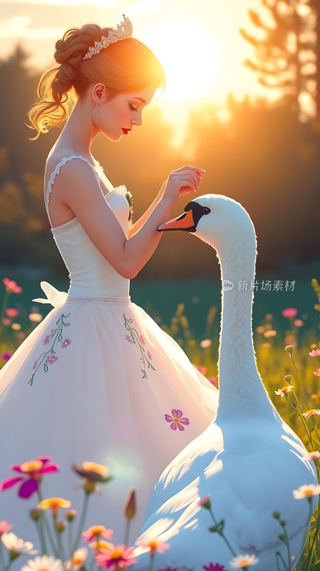 公主与天鹅共舞于花海之间