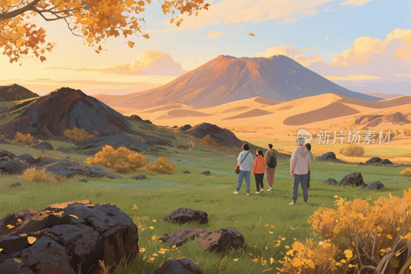 风景插图中的人物群